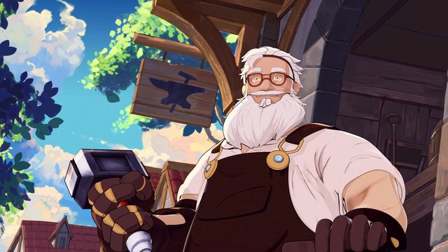 Video Reference: animated, elderly man, beard, glasses, hammer, outdoors, wooden building, sky, clouds, trees, fantasy, character art, apron, workshop, village, low angle