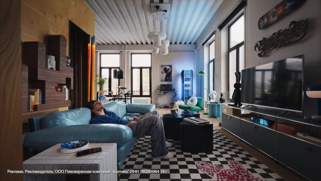 Video Reference: living room, man, sofa, interior, modern home, TV, windows, shelf, coffee table, checkered rug, decor, apartment, relaxing, daylight, indoor, lifestyle