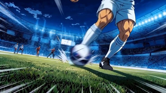 Video Reference: anime, soccer, football, stadium, sports, player, kick, ball, action, game, field, crowd, night, low angle, dynamic, competition