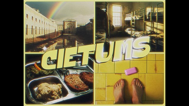 Video Reference: collage, text, dorm room, bunk beds, cafeteria food, tray, rainbow, courtyard, building, bare feet, tiles, interior, poster, vintage style