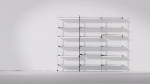 Video Reference: minimalist, interior, shelving, bookshelf, empty, white wall, modern, storage, furniture, clean, simple, room, shadow, home interior