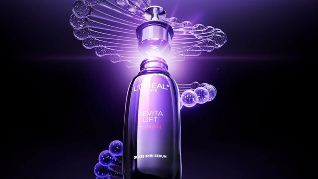 Video Reference: cosmetic, serum, skincare, bottle, purple, glowing, product shot, advertisement, luxury, beauty, abstract, dark background, L'Oreal, RevitaLift, glass skin, packaging