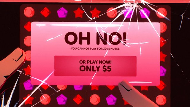 Video Reference: game, popup, warning, error, microtransaction, paywall, digital interface, mobile game, screen, cracked screen, colorful icons, cartoon, UI, prompt, purchase, disruption