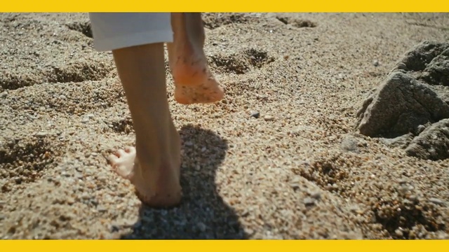 Video Reference: Yellow, People in nature, Gesture, Barefoot, Calf, Road surface, Foot, Toe, Flooring, Human leg