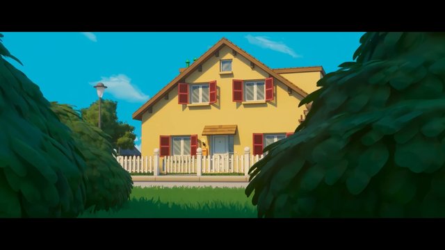 Video Reference: animated, house, suburban, exterior, fence, garden, bushes, trees, residential, blue sky, daytime, cartoon, front yard