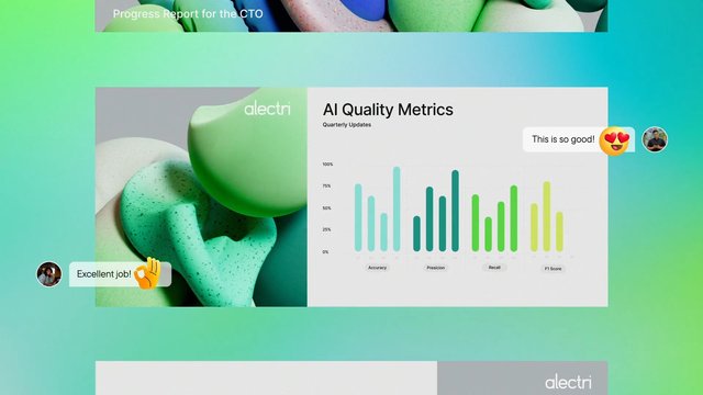 Video Reference: presentation, dashboard, AI, metrics, bar chart, analytics, quarterly update, slide, abstract design, 3D shapes, green, comment bubbles, collaboration, report, interface, business