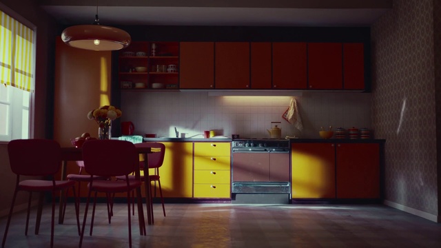 Video Reference: Cabinetry, Furniture, Property, Countertop, Chair, Kitchen, Kitchen appliance, Orange, Kitchen stove, Wood