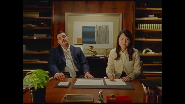 Video Reference: office, desk, two people, business attire, meeting, documents, wood paneling, bookshelf, framed art, sitting, formal, interior, professional, writing, indoor