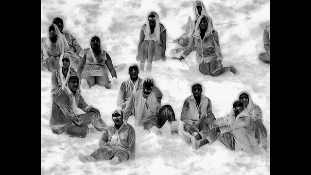Video Reference: group, people, portrait, black and white, surreal, costume, wig, pose, clouds, fog, artistic, studio, ensemble, abstract, fashion
