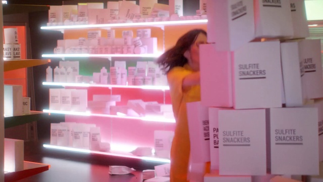 Video Reference: Product, Shelf, Shelving, Pink, Material property, Customer, Retail, Magenta, Display case, Font