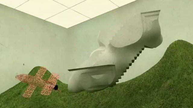 Video Reference: indoor, room, abstract, sculpture, installation, green carpet, stairs, geometric, art, minimalism, interior, mound, structure, floor, modern