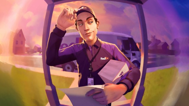 Video Reference: animated, delivery driver, FedEx, package, parcel, courier, front door, delivery, sunset, uniform, clipboard, mail, house, cartoon, logistics