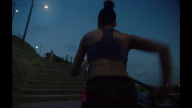 Video Reference: Sky, Street light, Shorts, Flash photography, Atmospheric phenomenon, Stairs, Elbow, Midnight, Chest, Darkness
