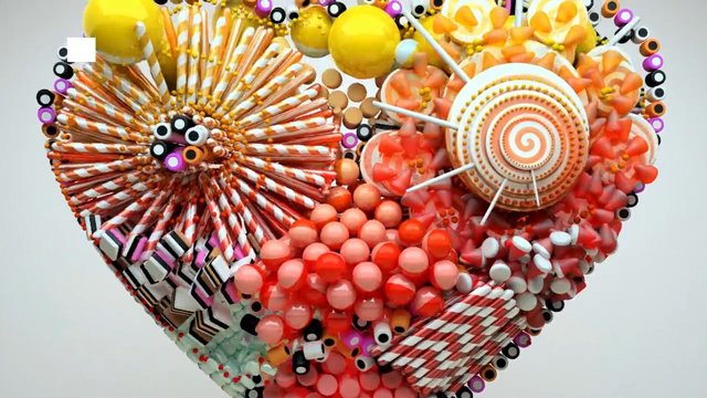 Video Reference: abstract, 3d art, sculpture, colorful, heart shape, spheres, stripes, candy-like, orange, yellow, pink, pattern, decorative, close-up, modern art, texture