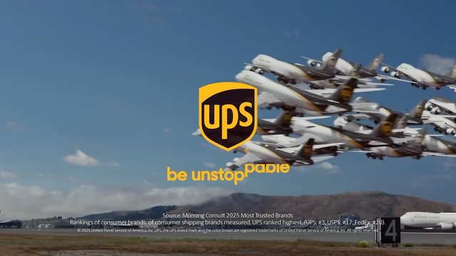 Video Reference: UPS, cargo planes, airplanes, formation, runway, aviation, advertisement, logo, sky, mountains, shipping, freight, commercial, slogan
