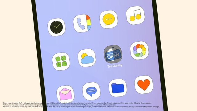 Video Reference: smartphone, home screen, app icons, mobile UI, clock, phone, messages, music, weather, mail, folder, heart, Try Galaxy, open sign, pastel background, promotion