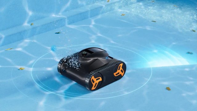 Video Reference: pool cleaner, robot vacuum, swimming pool, underwater, cleaning, robotic device, water spray, leaves, pool maintenance, automated cleaner, blue water, domestic equipment
