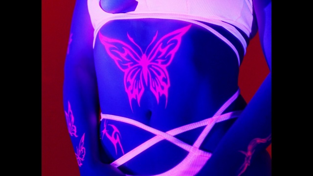 Video Reference: Purple, Blue, Human body, Sleeve, Violet, Pink, Font, Magenta, Neon, Electric blue