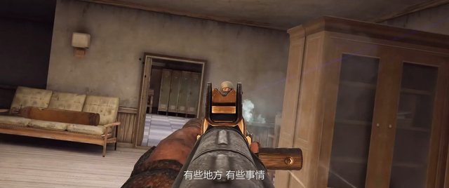 Video Reference: first-person, video game, shooter, gun, indoors, room, doorway, locker, couch, cabinet, subtitles, Chinese text, aiming, combat, war, interior