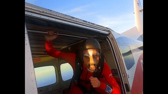 Video Reference: airplane, skydiving, wingsuit, helmet, red jumpsuit, aircraft door, stunt, extreme sport, flight, mask, adventure, aerial, parachute, aviation, action, outdoor