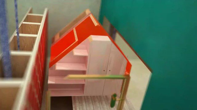 Video Reference: model house, miniature, architectural model, red roof, stairs, interior, white walls, close up, indoor, construction model, toy house, miniature building