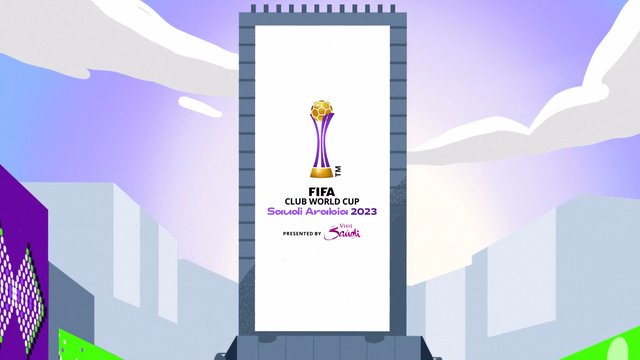 Video Reference: billboard, digital display, FIFA, Club World Cup, Saudi Arabia 2023, sports event, logo, purple sky, cityscape, abstract background, tournament, stadium graphic