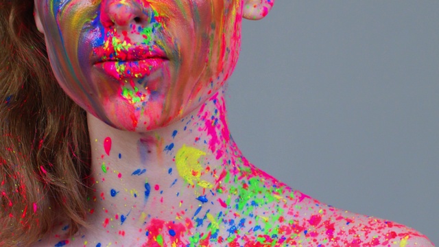 Video Reference: Human body, Neck, Jaw, Organism, Pink, Eyelash, Red, Art, Magenta, Electric blue
