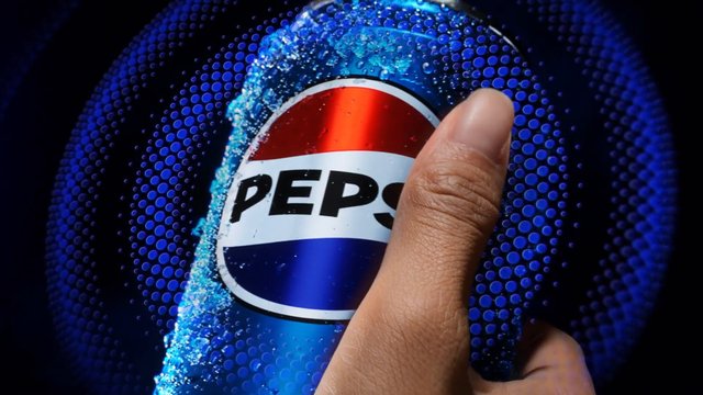Video Reference: pepsi, soda, soft drink, beverage, can, hand, close-up, advertisement, blue background, brand logo, graphic, refreshment
