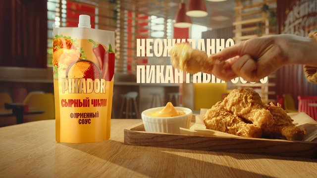 Video Reference: food, advertisement, fried chicken, sauce, dip, fast food, restaurant, table, close-up, product shot, snack, crispy chicken, warm lighting, commercial, appetizing