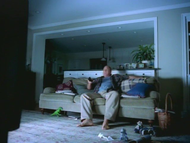 Video Reference: living room, man on couch, remote control, indoor, home interior, sofa, messy floor, kitchen view, relaxed, evening, family room