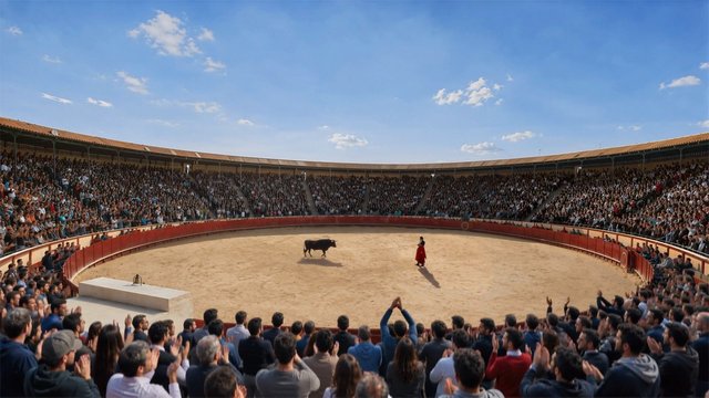 Video Reference: bullring, arena, crowd, bull, spectators, outdoor, stadium, sand, sky, event, crowd applause, circular, festival, matador, spain, performance