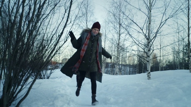 Video Reference: Sky, Snow, Branch, Overcoat, Tree, People in nature, Flash photography, Gesture, Street fashion, Freezing