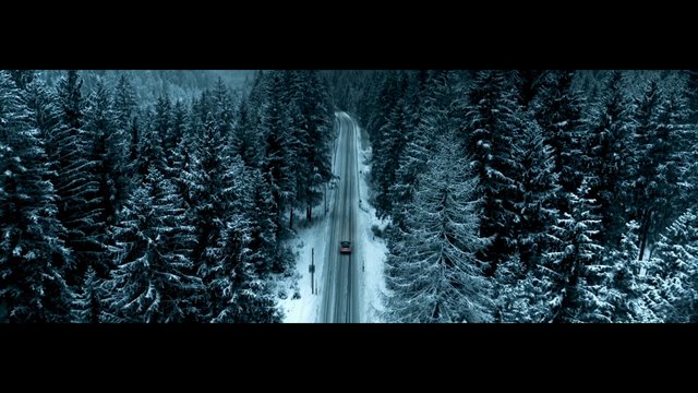 Video Reference: aerial, winter, snow, forest, road, car, trees, landscape, travel, nature, overhead, scenic, rural, cold, pine, wilderness
