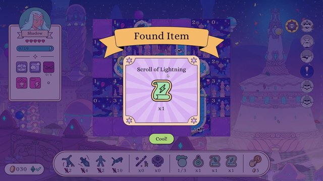 Video Reference: video game, fantasy, puzzle, found item, popup, scroll, lightning, UI, menu, inventory, character panel, purple background, 2D art, game screen