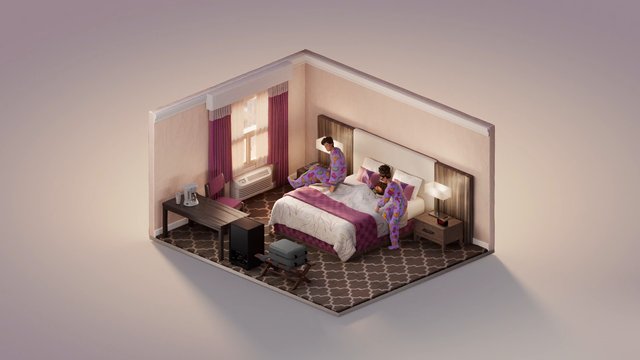 Video Reference: 3d render, miniature room, hotel bedroom, bedroom interior, pajamas, bed, window, lamp, desk, luggage, carpet, interior design, isometric view, stylized scene, travel, room decor