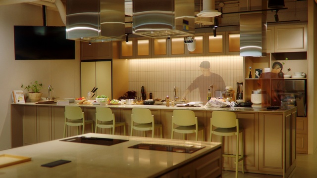 Video Reference: Table, Furniture, Building, Kitchen, Countertop, Interior design, Cabinetry, Flooring, Chair, Wood