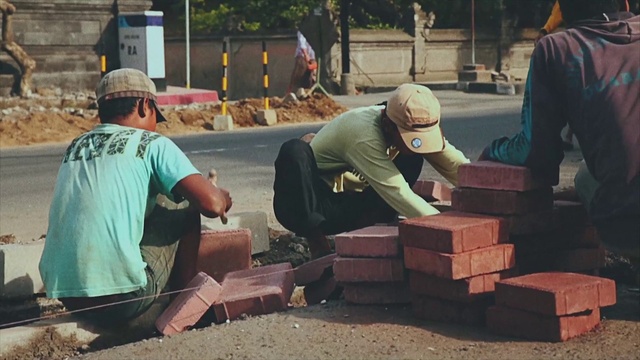 Video Reference: Wood, Road surface, Asphalt, Construction worker, Grass, Tree, Blue-collar worker, Brick, Concrete, Brickwork