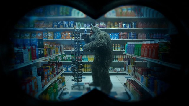 Video Reference: grocery store, aisle, costume, furry suit, person, shelves, products, supermarket, indoor, masked view, binocular view, retail, snacks, bottles, commercial, fictional
