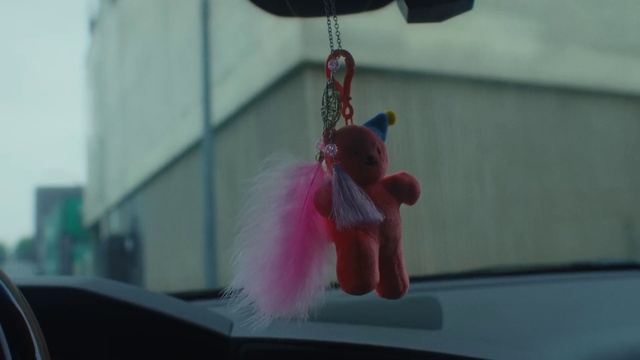 Video Reference: Toy, Magenta, Stuffed toy, Glass, Windshield, Jewellery, Carmine, Ornament, Fashion accessory, Tail