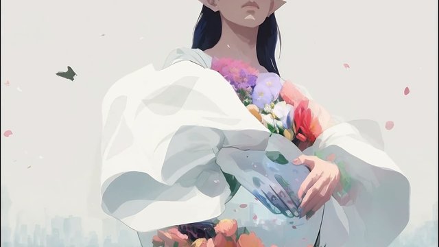 Video Reference: anime, illustration, woman, flowers, bouquet, petals, white robe, portrait, fantasy, pastel, elegant, spring, artwork, character, minimal background, botanical