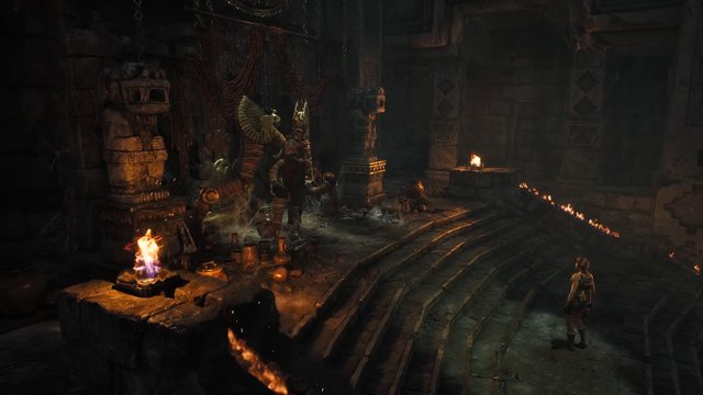 Video Reference: temple, ancient, stone, interior, ritual, statue, fire, ruins, steps, dark, game scene, fantasy, adventure, pillar, cave, altar