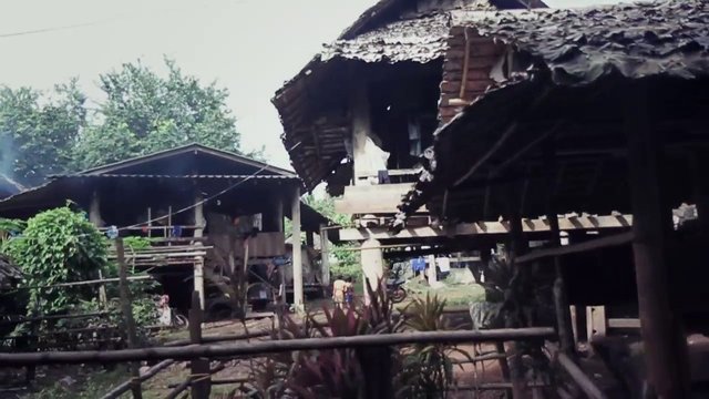 Video Reference: rural, village, wooden houses, stilt houses, thatched roof, corrugated roof, trees, plants, outdoor, rustic, residential, pathway, fence, traditional architecture