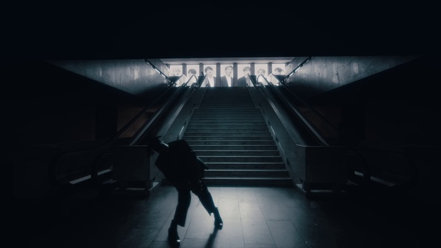 Video Reference: Stairs, Flash photography, Tints and shades, Symmetry, Escalator, Darkness, Midnight, Road, Monochrome, Font