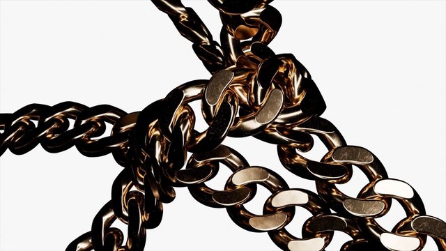 Video Reference: chain, metal, links, close-up, abstract, reflective, gold, black, macro, texture, industrial, jewelry, white background, shiny, intertwined