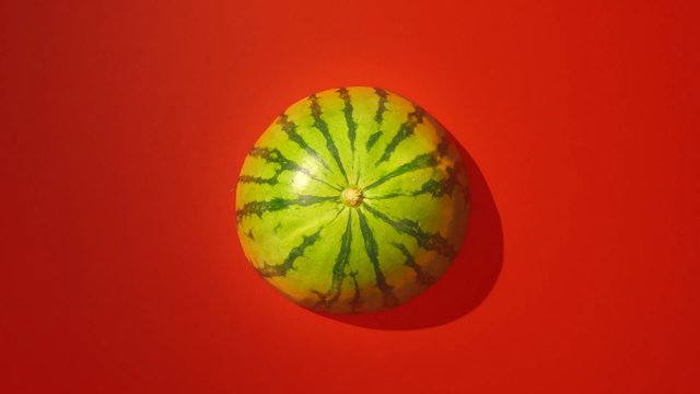 Video Reference: watermelon, fruit, red background, still life, top view, centered, shadow, fresh produce, minimalist, food, single object, studio shot
