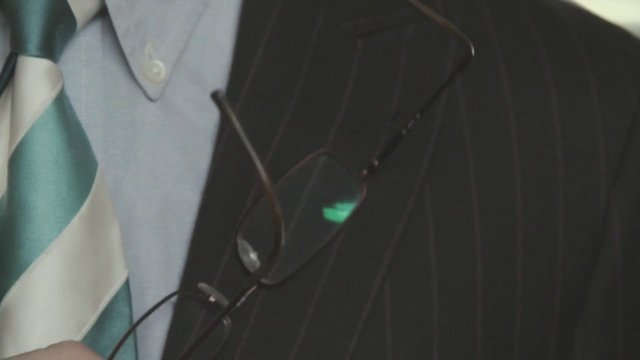 Video Reference: close-up, person, business attire, necktie, dress shirt, jacket, pinstripe, glasses, formal wear, office attire, cropped, torso