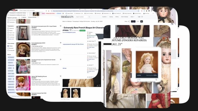 Video Reference: computer screen, web browser, auction listings, vintage dolls, antique dolls, doll photos, shopping website, collage, screenshotted, online marketplace, collector items, beige, white interface, text overlay, mixed images, desktop