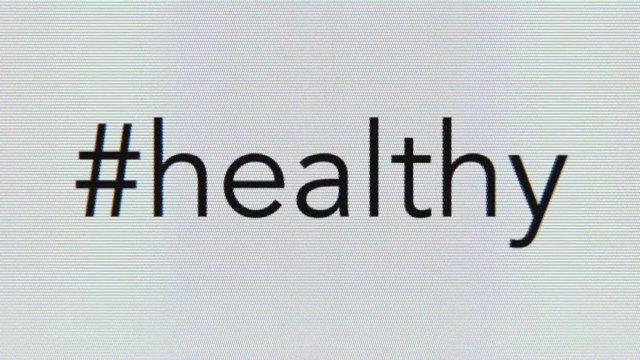 Video Reference: healthy, hashtag, text, word, social media, close-up, screen, typography, minimal, white background