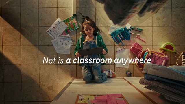 Video Reference: girl, tablet, school supplies, classroom, education, overhead view, floor, papers, backpack, home learning, studying, advertisement, text overlay, children, online learning