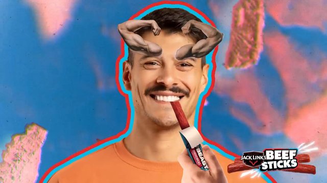 Video Reference: advertisement, man, smiling, beef stick, snack, close-up, colorful, surreal, graphic design, commercial, logo, muscular arms, food product, portrait, playful, campaign